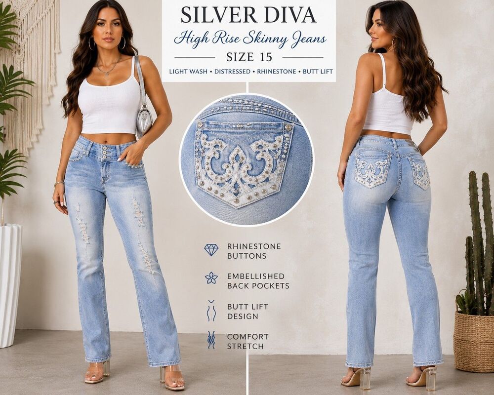 Silver Diva High Rise Slim Straight Women Jeans 15 Y2K Rhinestone McBling Glam